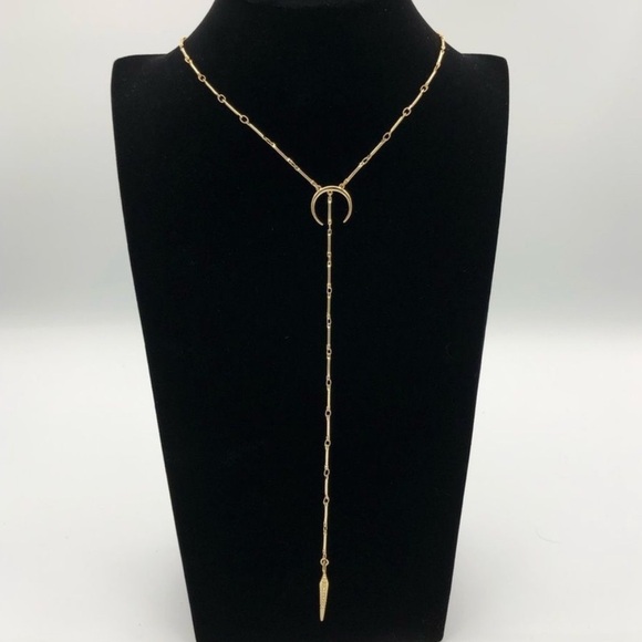 Luv AJ x Rachel Zoe Crescent Moon Pave Tusk Gold Tone Lariat Crystal Necklace - Picture 2 of 16